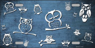 LP-7747 Light Blue White Owl Print Oil Rubbed Metal Novelty License Plate