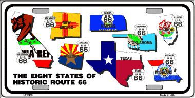 LP-2419 Route 66 Historic 8 Flags Metal Novelty License Plate