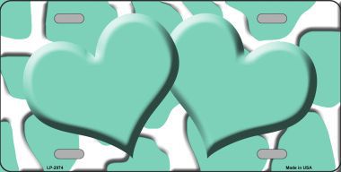 LP-2974 Mint White Giraffe Print With Mint Centered Hearts Novelty License Plate
