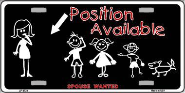 LP-4779 Position Available Male Metal Novelty License Plate
