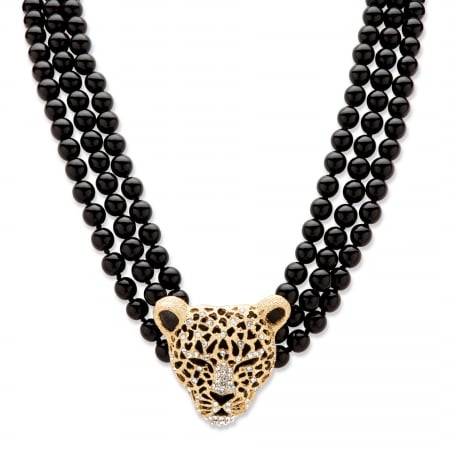 Picture of Palm Beach Jewelry 55578 Onyx and Crystal Leopard Beaded Necklace&#44; Yellow Gold Tone
