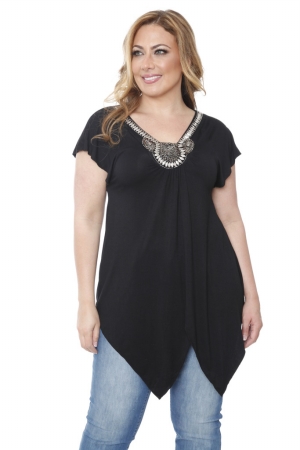 PS1288-02-1XL Plus Size Grace Embellished Top-Tunic- Black - 1 Extra Large