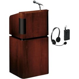 Picture of Oklahoma Sound 950-901-MY-WT-LWM-7 Tabletop & Base Combo Sound Lectern With Headset Wireless Mic - Mahogany On Walnut