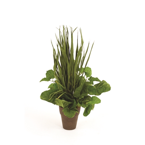 International Green Foliage, Blade & Grass Mix in Weathered Clay Pot