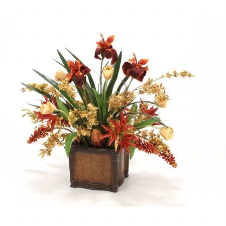 International Tulips, Orchids & Irises in Leather-finish Planter