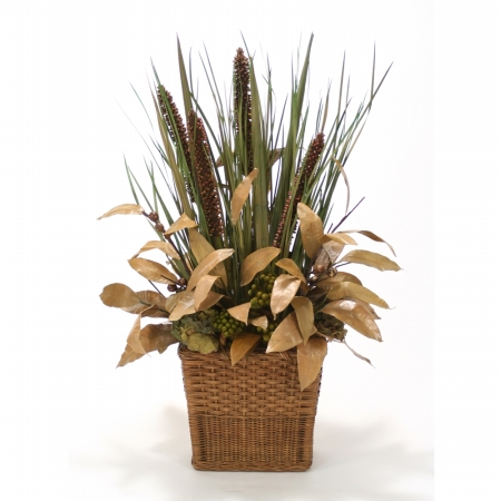 International Fall Natural Grasses & Cierus Stalks in Small Rectangle Floor Basket