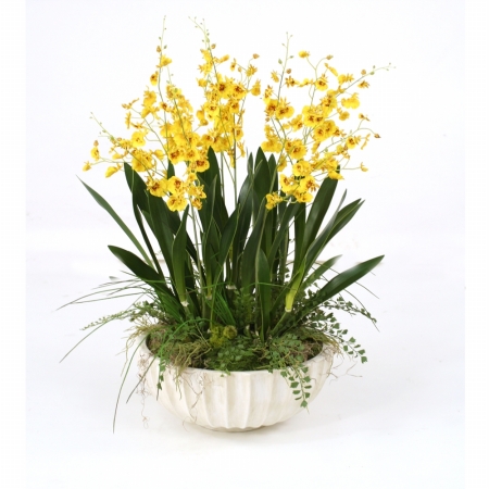 International  Gold-Yellow Dancing Orchids with Grass in Large Fluted Bowl