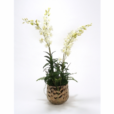 International White Orchids & Greenery Mix in Burnt Gold Gabi Planter