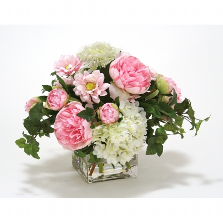 International White Hydrangea - Pink Peonies & Daisy in Square Glass Vase