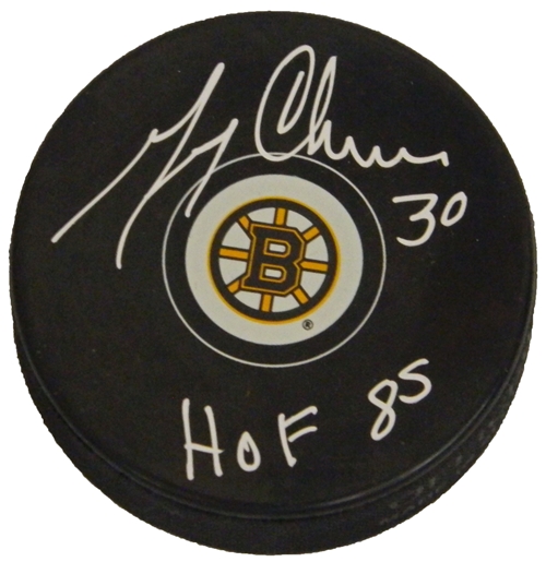 Gerry Cheevers Signed Boston Bruins Logo Hockey Puck With HOF 85