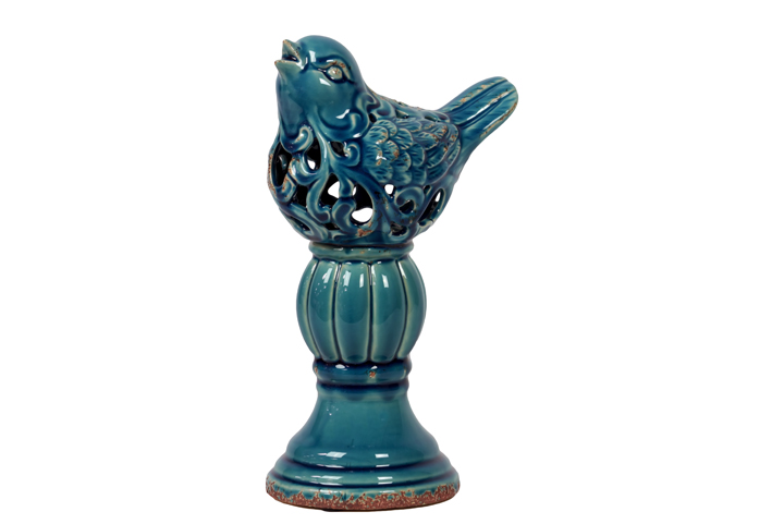 Picture of Urban Trends Collection 10848 Ceramic Bird Figurine With Cutout Design On Pedestal Large Distressed - Gloss Blue