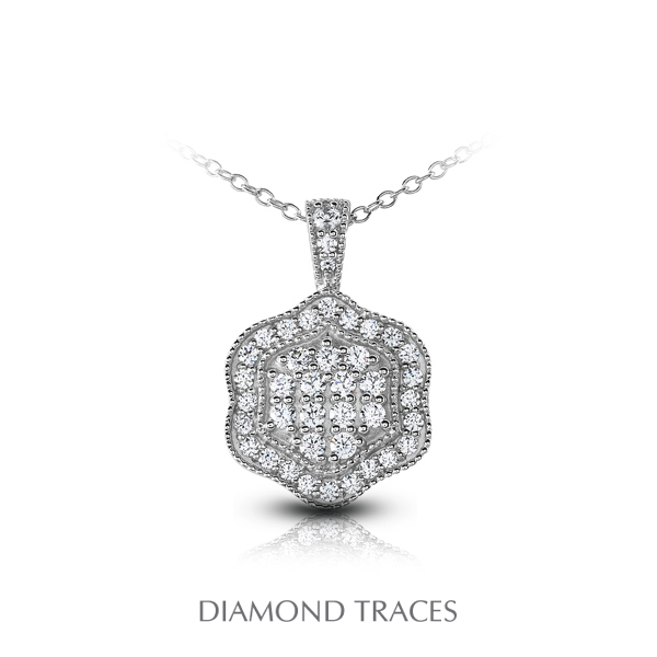 UD-OS3003-9637 0.68 Carat Total Natural Diamonds 14K White Gold Pave Setting Flower Shape with Milgrain Fashion Pendant