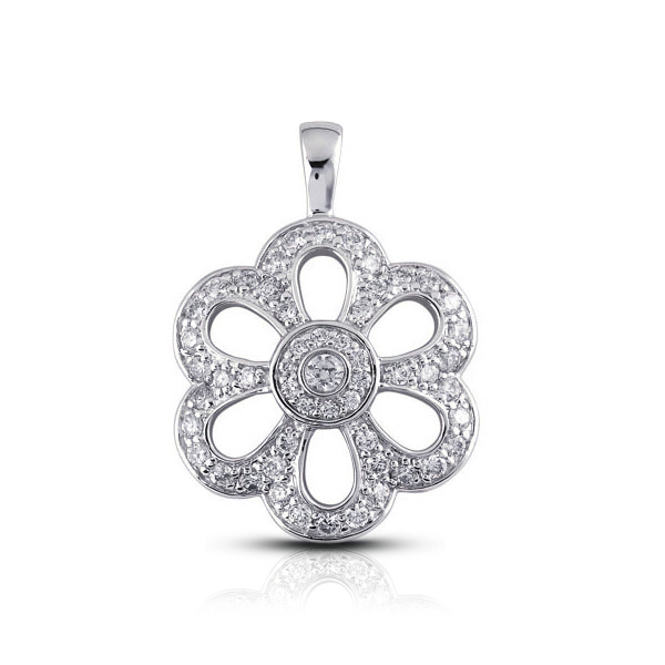 0.87 Carat Total Natural Diamonds 14K White Gold Pave & Bezel Setting Flower Shape Fashion Pendant