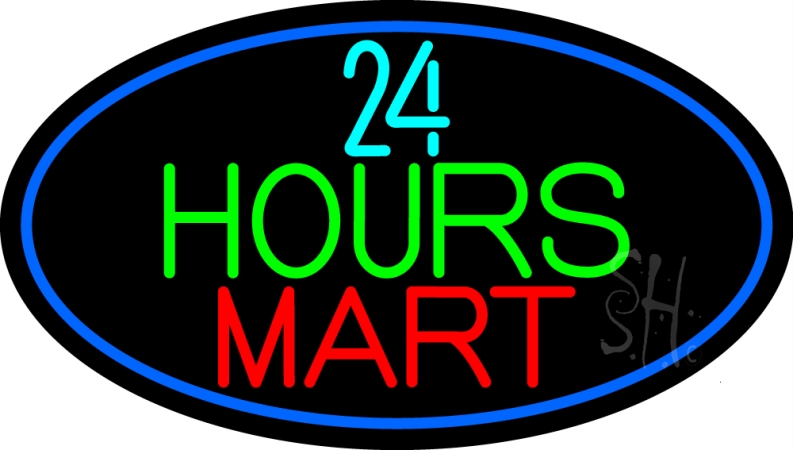 N105-12985-clear 24 Hours Mini Mart With Blue Round Clear Backing Neon Sign- 17 x 30 in.