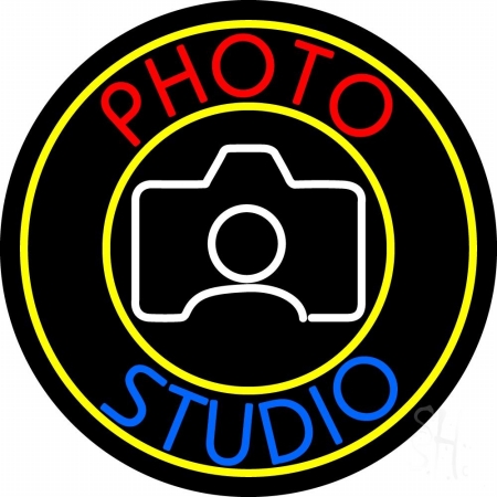 N105-8519-clear Photo Studio With Camera Logo Circle Clear Backing Neon Sign- 26 x 26 in.