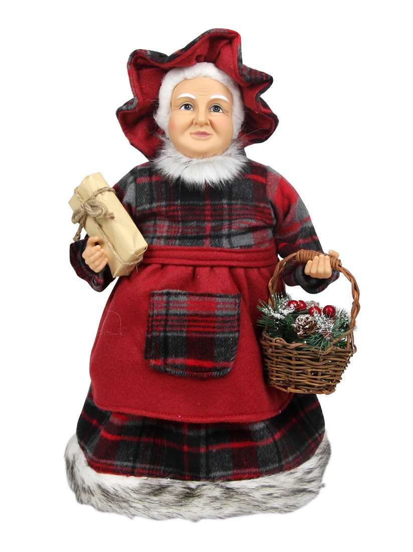 31734322 Country Rustic Mrs. Claus in Red Checkered Dress Holding a Basket and Gift Christmas Figure -  Northlight Seasonal