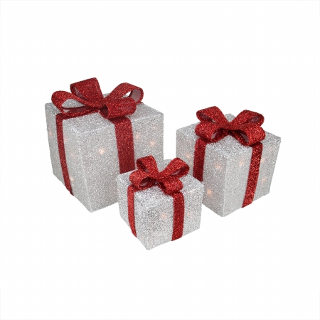 Picture of Northlight Seasonal 31458001 Silver Tinsel Gift Boxes with Red Bows Lighted Christmas Yard Art Decorations