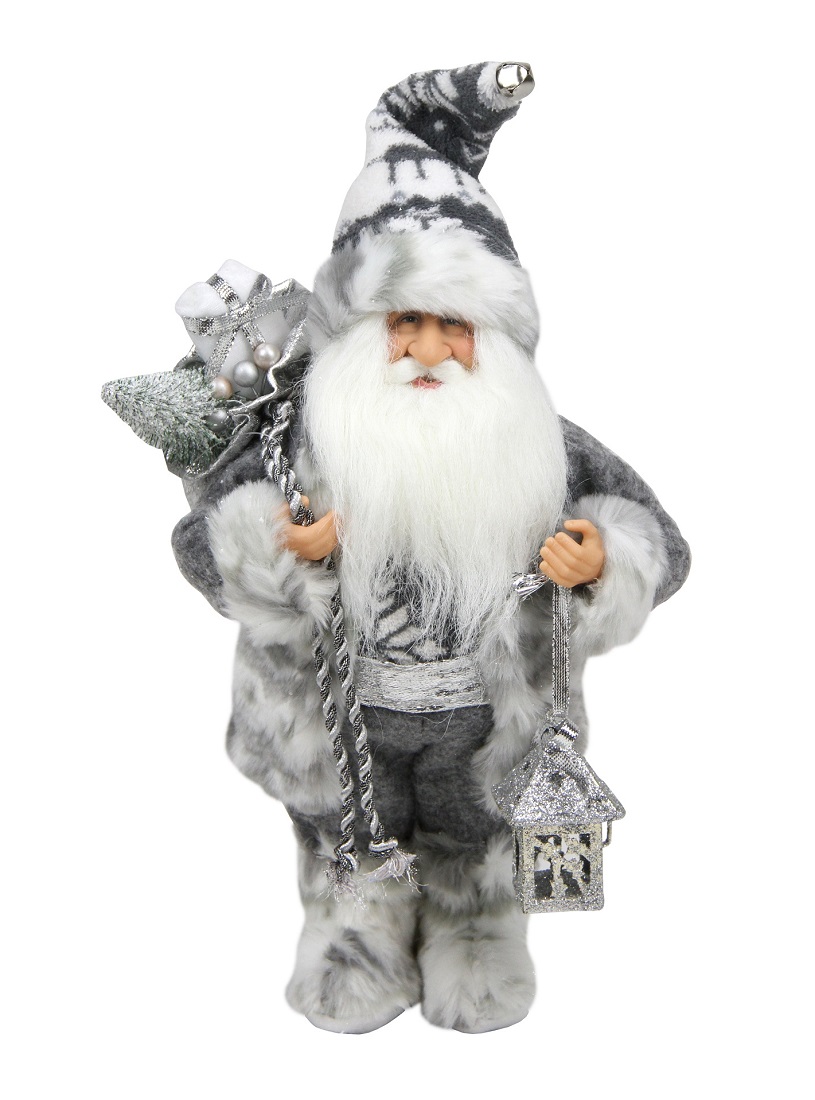 Picture of Northlight Seasonal 31734310 Alpine Chic Standing Santa Claus in Gray and White with a Bag and Lantern Christmas Figure