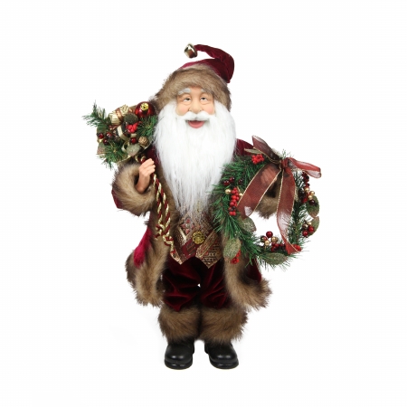 Picture of Northlight Seasonal 31734311 Country Cabin Santa Claus in Burgundy Holding a Wreath and Gift Bag Christmas Figure