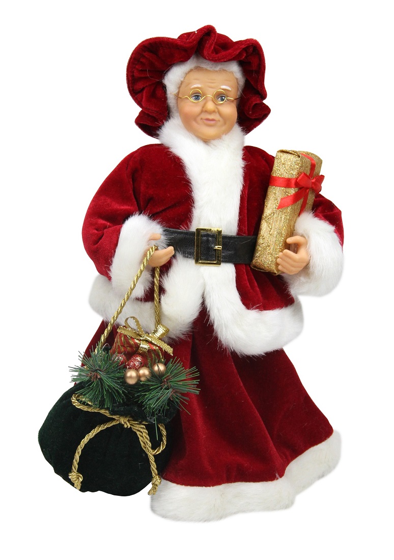 31734394 Mrs. Claus in a Red and White Dress Holding a Gift and Bag Christmas Figure