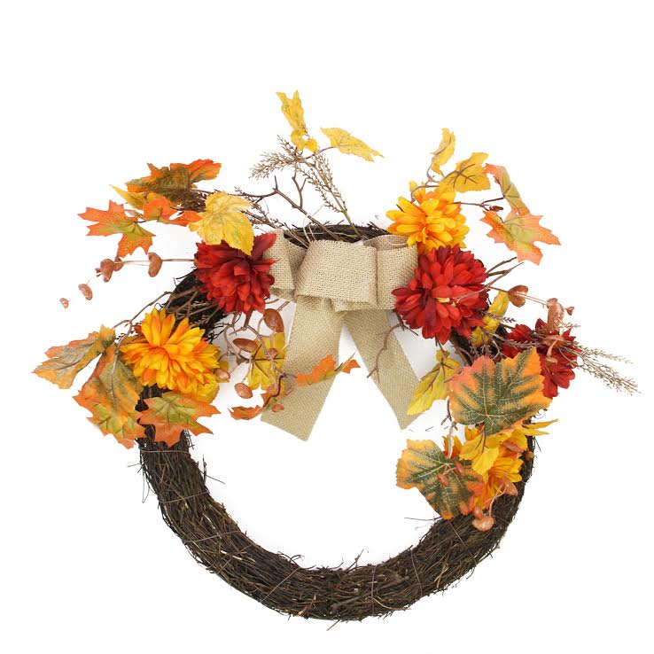 31737194 Autumn Harvest Artificial Mixed Fall Leaf and Mum Flower Thanksgiving Twig Wreath