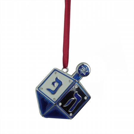 Regal Shiny Silver-Plated Blue Dreidel Hanukkah Holiday Ornament with European Crystals