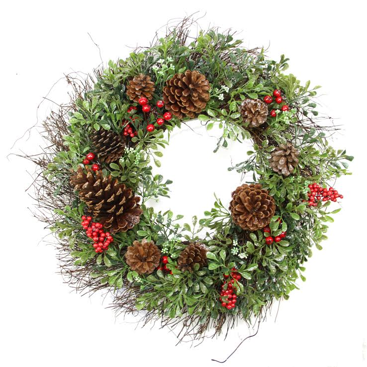 31737516 24 in. Glittered Artificial Boxwood Pine Cone and Red Berry Christmas Wreath - Unlit -  Northlight Seasonal