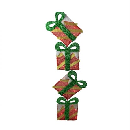 43 in. Lighted Red Striped Flat Tinsel Stacked Gift Box Yard Art Decoration - Clear Lights