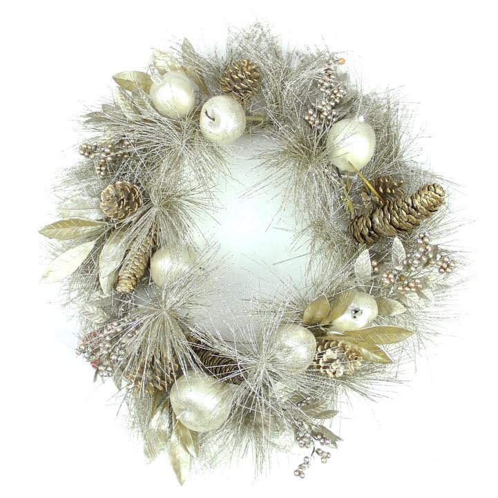 31738027 Glitter Champagne Gold Pomegranate Apple Pine Cone and Berry Christmas Wreath