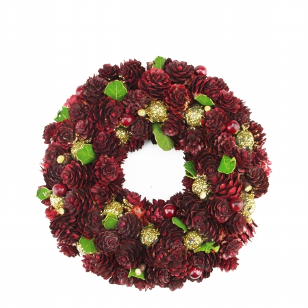 31742386 Wine Burgundy and Gold Glitter Pine Cone Artificial Christmas Wreath