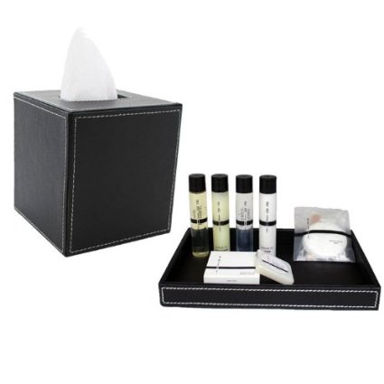 Picture of Kraftware Corp 68702 Flack Stitched With White Stitching Tissue Holder & Amenity Tray, Set of 2