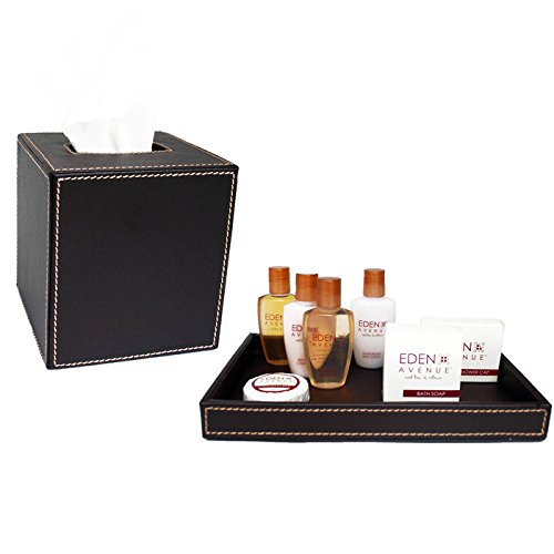 Picture of Kraftware Corp 69002 Brown Stitched With Tan Stitching Tissue Holder & Amenity Tray- Set of 2
