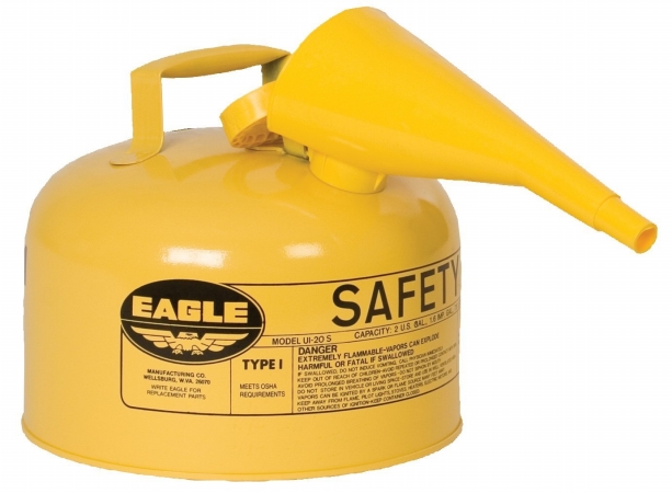 Type I Safety Can, Galvanized Steel, 2.5 gal, Self-Closing Lid, Includes Funnel, Yellow, Diesel