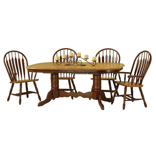 Sunset Trading 5 Piece Double Pedestal Trestle Butterfly Leaf Dining Set with Arm Chairs