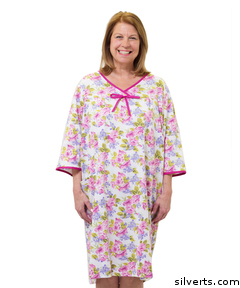 Picture of Silverts 260000202 Soft Cotton Knit Pattern - Womens Open Back Snap Adaptive Hospital Night Gown&#44; Mauve Flower - Medium