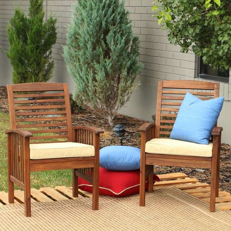 Walker Edison Furniture OWC2DB Set of 2 Acacia Patio Chairs with Cushions, Dark Brown - 18 x 26 x 29 in.