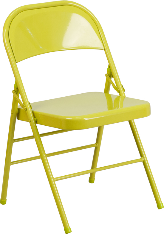HF3-CITRON-GG Hercules Colorburst Series Triple Braced & Double Hinged Metal Folding Chair- Twisted Citron - 30.5 x 18 x 19