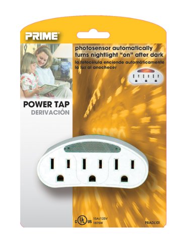 Picture of Prime PBADL101 3 Outlet White Power Tap with Photocell Nightlight