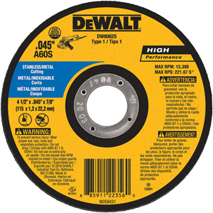 DEWALT DW8062S CFRee Thin Cutoff Wheel, 4-1/2 in x .045 in x 7/8 in