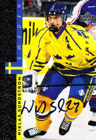 Picture of Autograph 118972 Team Sweden 1996 Upper Deck World Class No. S177 Niklas Sundstrom Autographed Hockey Card