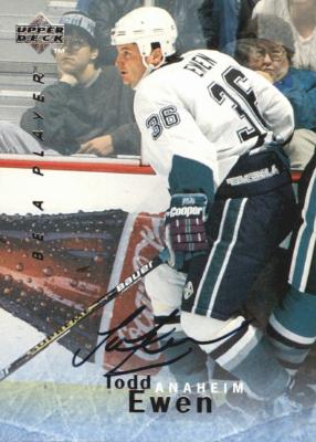 Picture of Autograph 119493 Anaheim Ducks 1996 Upper Deck Be A Player No. S155 Todd Ewen Autographed Hockey Card