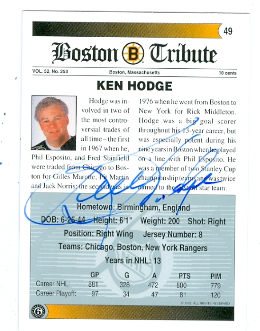 Picture of Autograph 157691 Boston Bruins Ultimate Original 6 No. 49 Ken Hodge Autographed Hockey Card