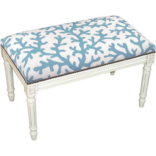 Picture of 123 Creations C764WBC Coral in Blue Needlepoint Bench in White Wash - 100 Percent Wool