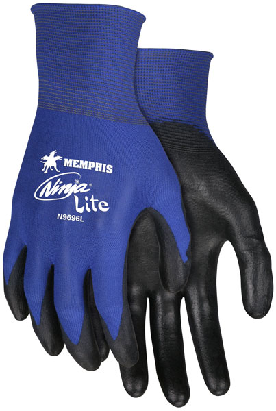 Ninja Lite N9696 18-ga Nylon PU Coated Gloves, Medium, Black/Blue, 12PK