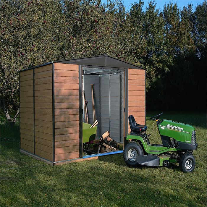 10 x 8 ft. Arrow Woodridge Electro Galvanized Steel Storage Shed- Coffee & Woodgrain -  Shelter Logic, SH881692