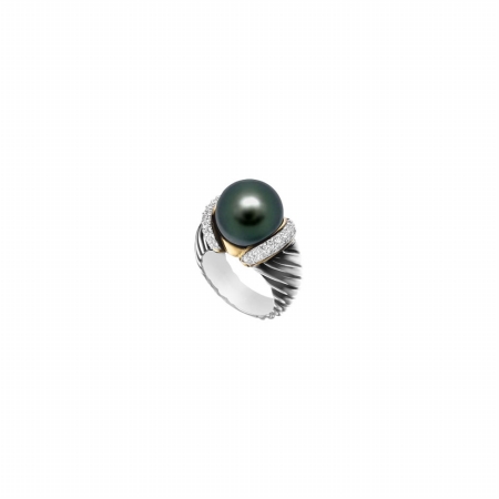 Fine Jewelry Vault UBRT6TT14DAKBL08-101RS6 Cultured Black Akoya Pearl & Diamond Rope Ring 14K Two Tone Gold, 0.50 CT