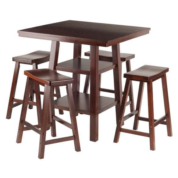 5 Piece Orlando High Table 2 Shelves with 4 Saddle Seat Stools Set, Walnut -  Doba-BNT, SA143839