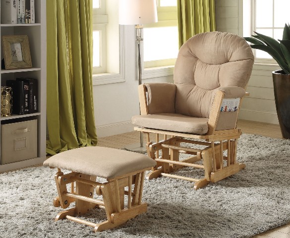 Picture of Acme 59332 38 x 27 x 28 in. Rehan Glider Chair & Ottoman with Taupe Microfiber, Natural Oak - 2 Piece