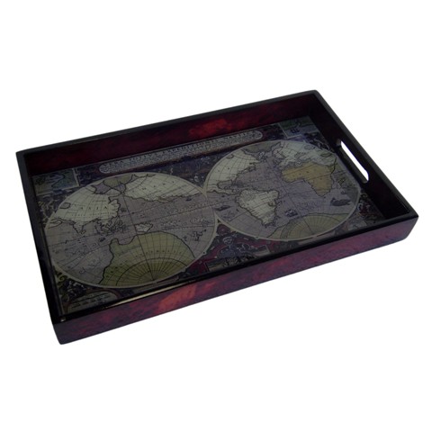Picture of Cheungs FP-4422 Wood Tray with Glass Top Map Design - 9.5 x 1.75 x 15.75 in.