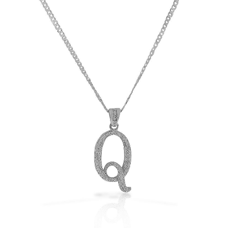 Letter Q Cursive Initial CZ Pendant 0.925 Sterling Silver